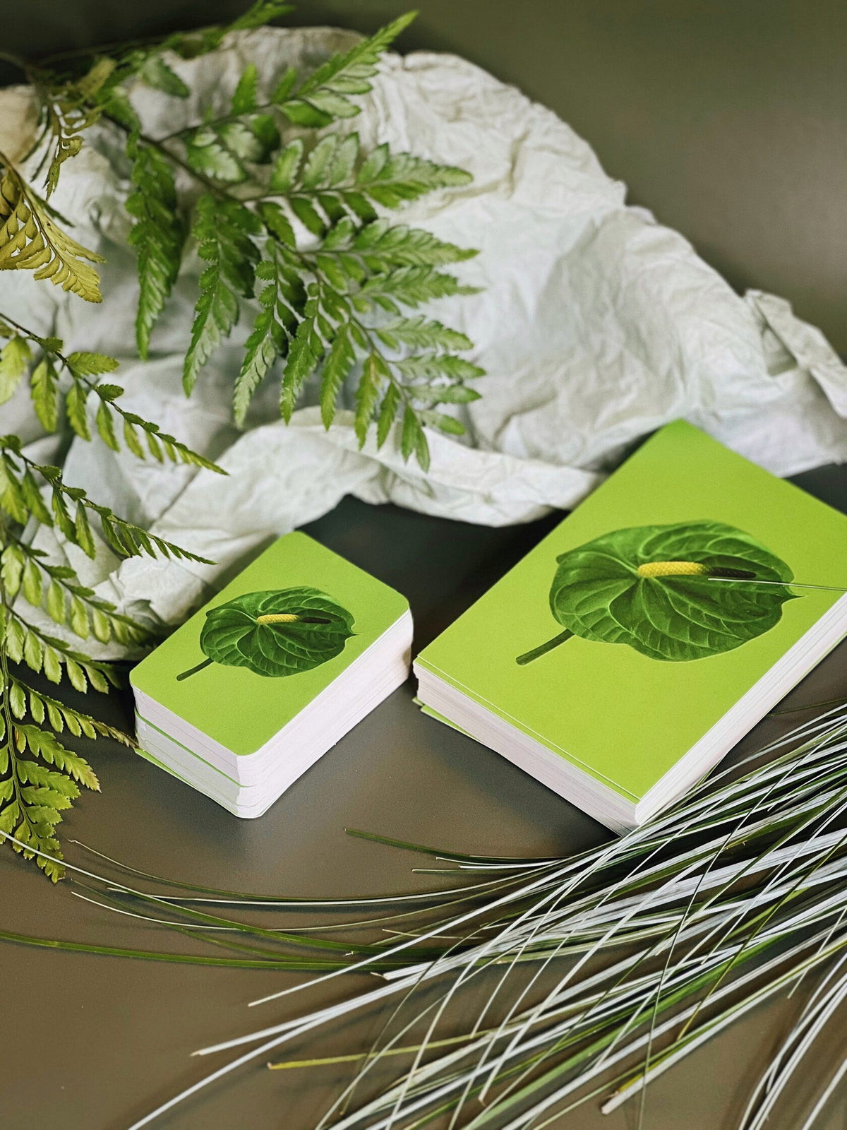 Stacks of green mini and greeting cards with an embossed anthurium leaf illustration, styled with ferns and dried grass.