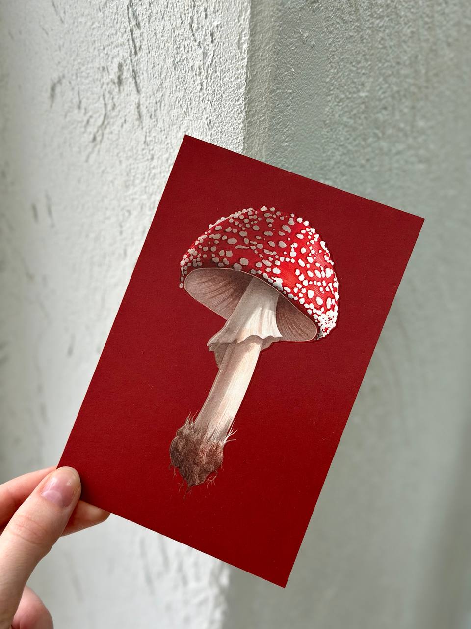 Hand holding a red greeting card with an embossed fly agaric mushroom illustration, against a textured wall.