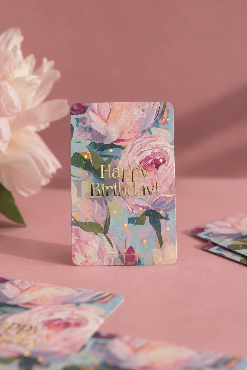 Mini birthday greeting card with a painterly pink and blue peony illustration and "Happy Birthday" lettering in gold foil.