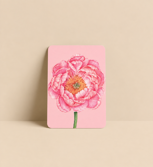Mini pink greeting card with an embossed botanical illustration of a pink peony flower.