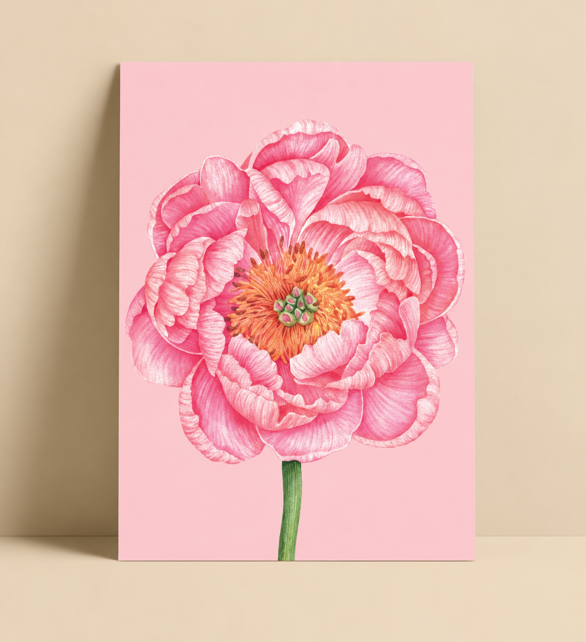 Pink greeting card with an embossed botanical illustration of a pink peony flower.