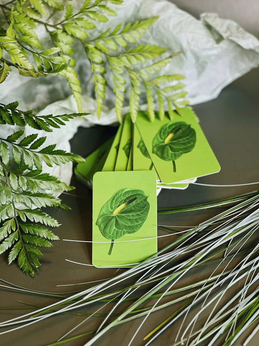 Stack of mini green greeting cards with an embossed anthurium leaf illustration, styled with ferns and white paper.