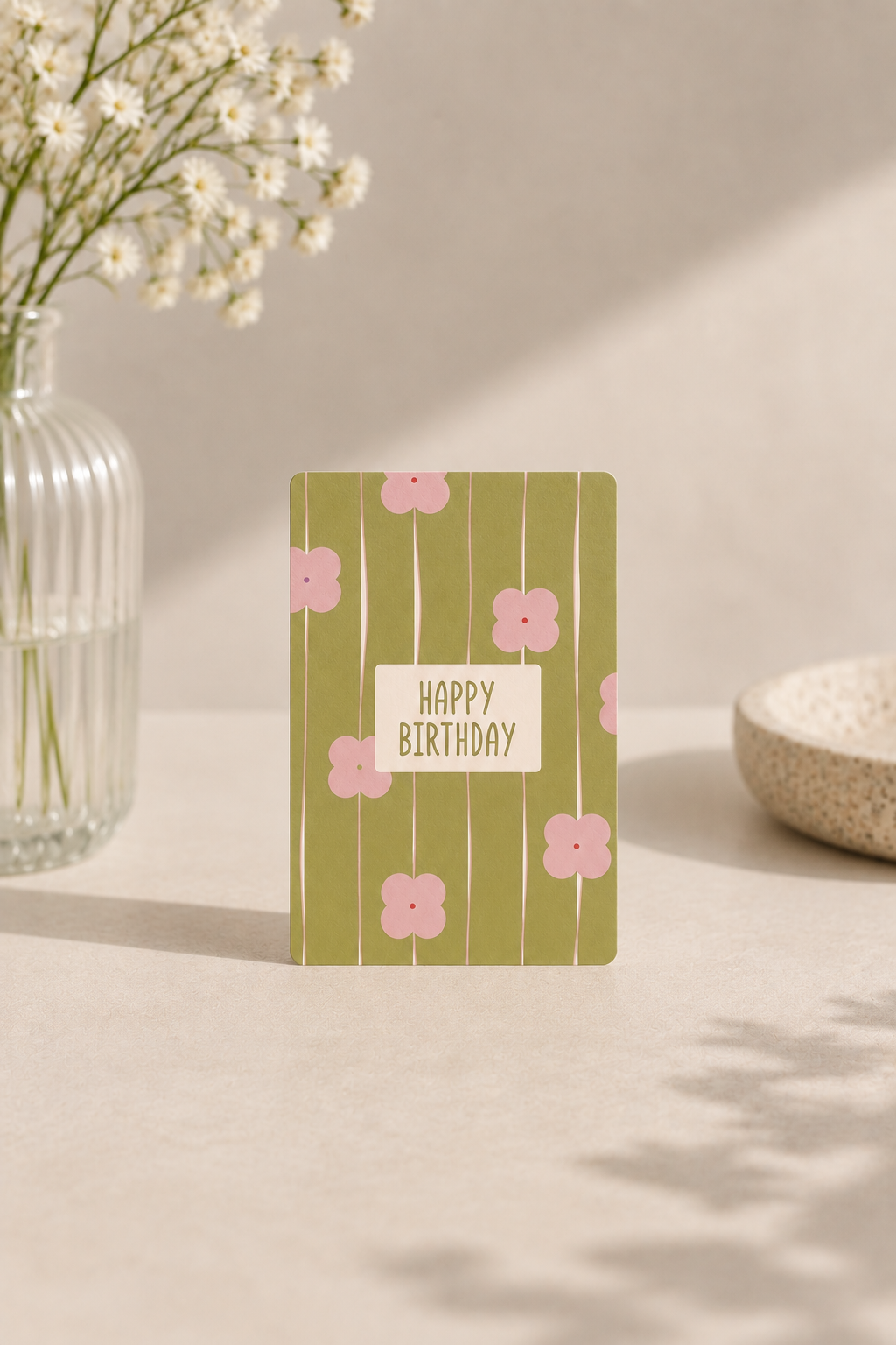 Mini birthday greeting card with pink blossom flowers on an olive green background and a centered “Happy Birthday” text panel.