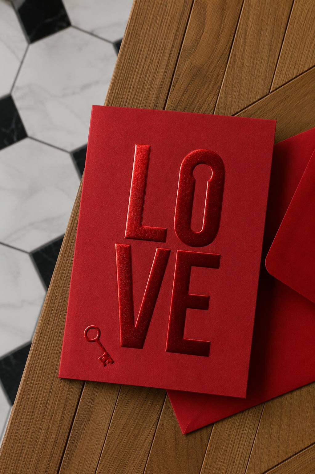 Red mini greeting card with tone-on-tone red foil embossed “LOVE” lettering and a key icon, next to a matching red envelope on a wooden surface.