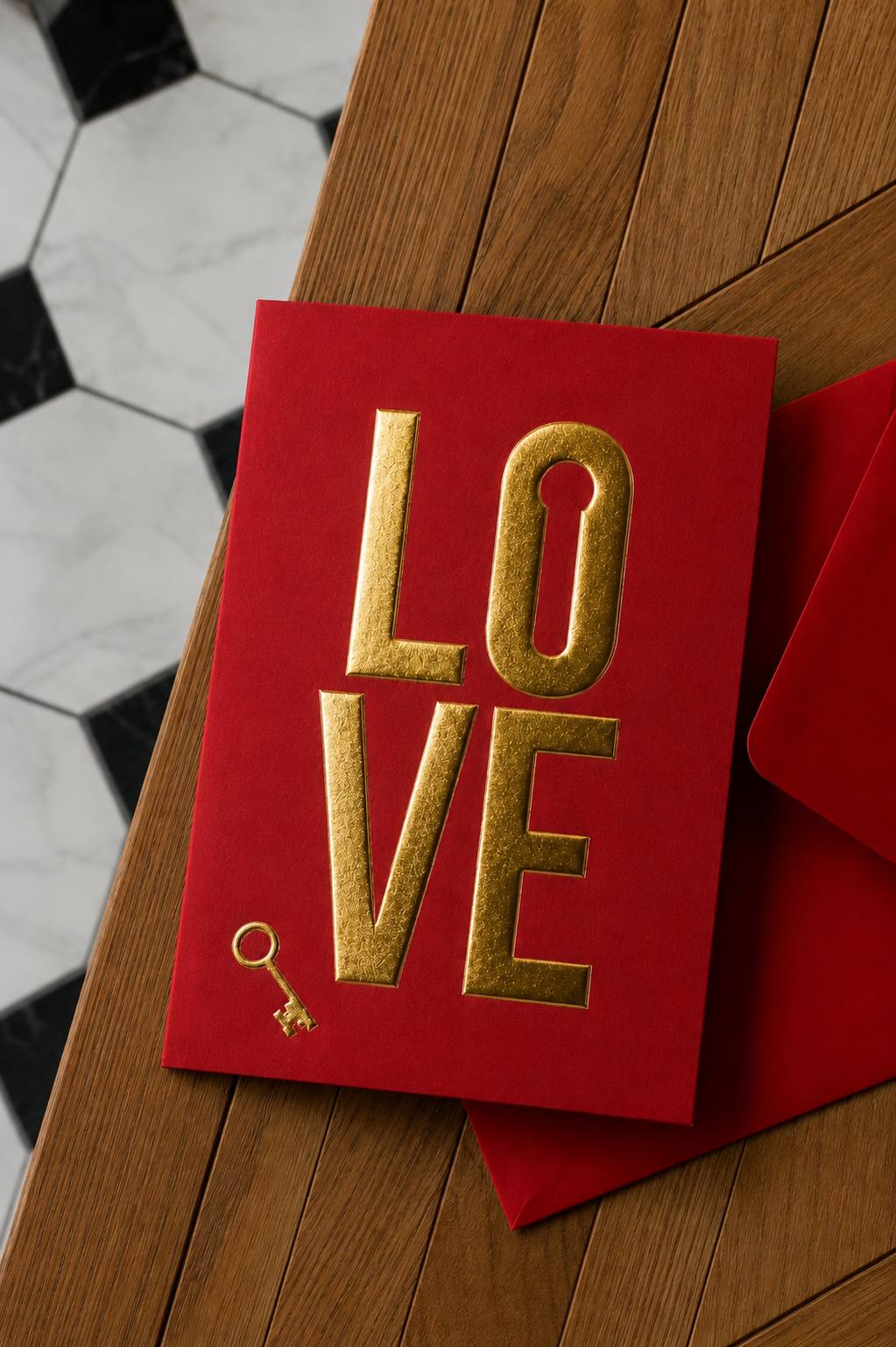 Red mini greeting card with gold foil embossed “LOVE” lettering and a key icon, next to a matching red envelope on a wooden surface.