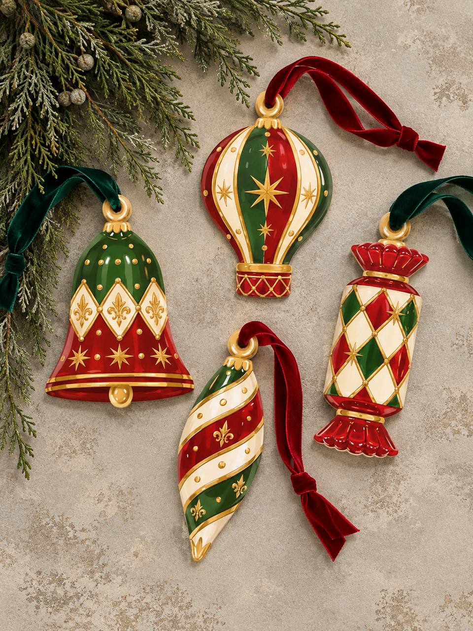 Four Circus Christmas paper ornaments — Bell, Hot Air Balloon, Finial, and Candy — in a jeweled red, green, and gold pattern, styled with pine branches and velvet ribbon.