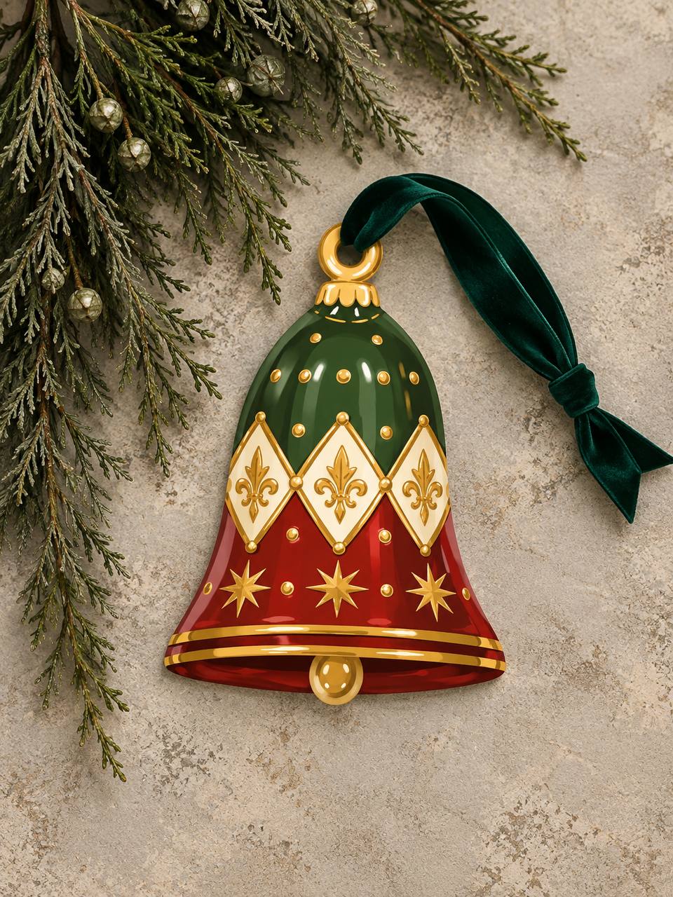 Shaped paper ornament "Circus Bell" in green, red, cream, and gold with fleur-de-lis and star details, hung with a green ribbon among pine branches.