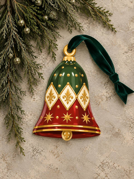 Shaped paper ornament "Circus Bell" in green, red, cream, and gold with fleur-de-lis and star details, hung with a green ribbon among pine branches.