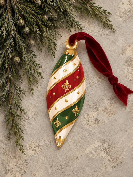 Shaped paper ornament "Circus Finial" with red, green, and cream diagonal stripes and gold fleur-de-lis details, hung with a red ribbon among pine branches.