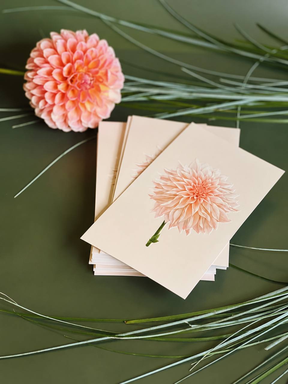 Stack of light beige greeting cards with an embossed dahlia illustration, styled with a real pink dahlia and dried grass on a green background.