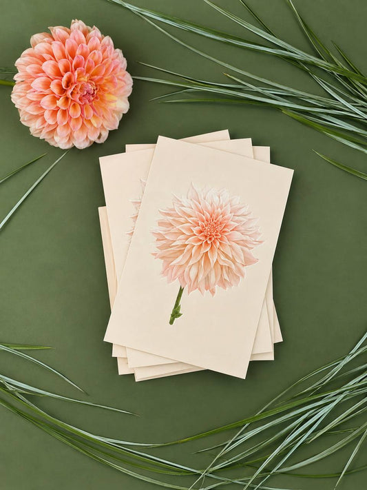 Stack of light beige greeting cards with an embossed dahlia illustration, styled with a real pink dahlia and pine needles on a green background.
